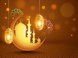 Golden Crescent Moon with Mosque and Hanging Illuminated Lanterns on Brown Bokeh Arabic Pattern Background for Islamic Festival Celebration. vector