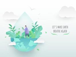 dibujos animados jardinería hombre trabajando en lustroso medio eco globo con agua gota, papel cortar nubes y dado mensaje como vamos hacer tierra respirar de nuevo. vector