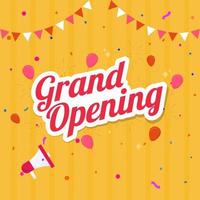 Sticker Style Grand Opening Font with Loudspeaker, Balloons, Confetti and Bunting Flags Decorated on Yellow Strip Background. vector