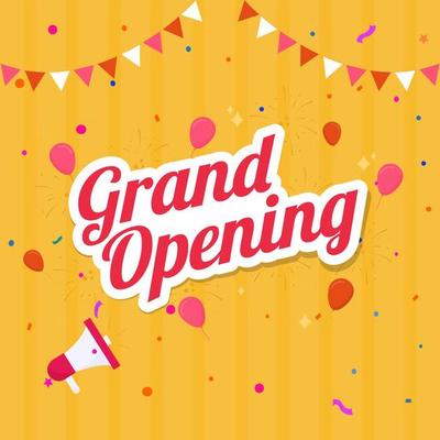 Sticker Style Grand Opening Font with Loudspeaker, Balloons, Confetti and Bunting Flags Decorated on Yellow Strip Background.