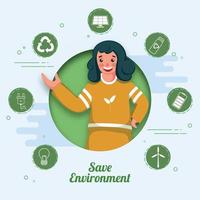 Cheerful Girl Showing Something from Hand on Paper Cut Blue Background for Save Environment Concept. vector