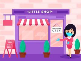 Modern Girl welcoming to little shop with wearing mask, gloves and advertise board on patel pink brick wall background. vector