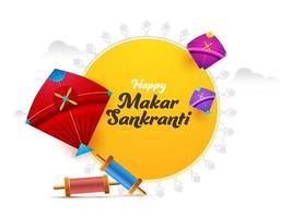 contento makar sankranti fuente con vistoso cometas, cuerda carretes en amarillo y blanco antecedentes. vector