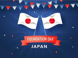 Japan Foundation Day Poster Design With National Flags On Blue Rays Halftone Effect Background. vector