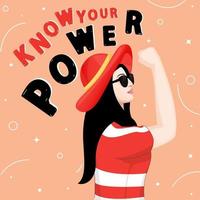Beautiful Young Girl Saying Know Your Power on Orange Pastel Background. vector