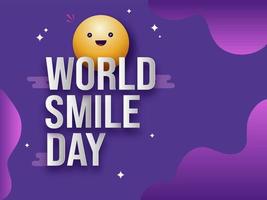 Paper Cut World Smile Day Text with Glossy Smiley Face on Purple Fluid Art Background. vector