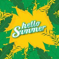 Sticker Style Hello Summer Font on Yellow Background Decorated with Green Tropical Leaves. vector