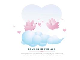 Pink Birds Couple with Hearts and Blue Cloud on White Background for Love is in the air concept. vector