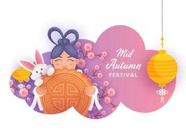 Chinese Girl Holding a Moon Cake with Cartoon Bunny, Sakura Flower Branch and Hanging Lanterns on Paper Cut Gradient Background for Mid Autumn Festival. vector