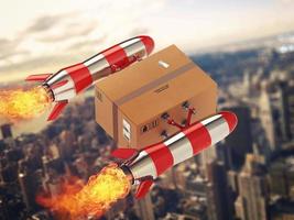 Fast delivery of package by turbo rocket. 3D Rendering photo