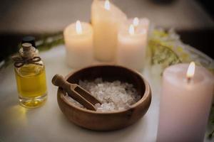 Salt Spa treatment set on wooden table photo