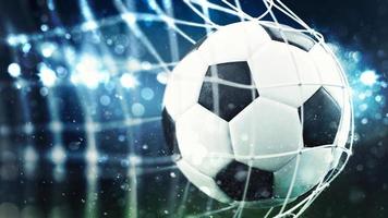 Soccer ball scores a goal on the net. 3D Rendering photo