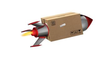 Carton box flies fast with rocket. concept of express and priority deliverys. 3d render photo