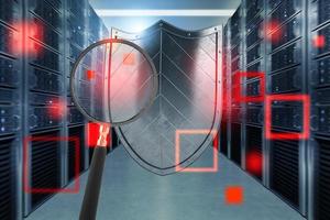 Concept of safety in a data center room with database server. 3D render photo