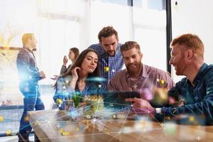 Business teamwork works with a tablet with internet streaming service photo