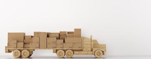 Cardboard boxes package on a wooden toy truck ready to be delivered on white background photo