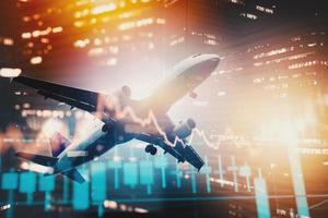 Double exposure of business travel and airplane photo