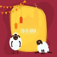 eid-ul-adha Mubarak texto con dos dibujos animados oveja, colgando linternas y amarillo silueta mezquita en rojo antecedentes. vector