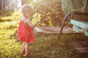 the girl walks in the yard with a leaf in her hand photo