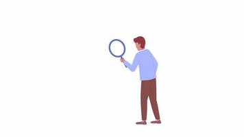 Animated man with magnifying glass. Guy searching information with magnifier. Flat character animation on white background with alpha channel transparency. Color cartoon style 4K video footage