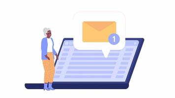 Animated messenger in laptop. Surprised elderly woman getting new email letter. 2D cartoon flat character 4K video footage on white with alpha channel transparency. Concept animation for web design