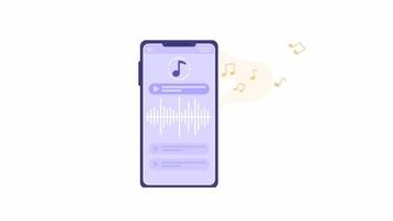 Animated phone with music player. Listening to music online on smartphone. 2D cartoon flat object 4K video footage on white with alpha channel transparency. Concept animation for web design