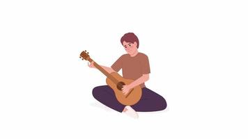 animado satisfeito homem jogando guitarra. auto ensino musical instrumento aula. plano personagem animação em branco fundo com alfa canal transparência. cor desenho animado estilo 4k vídeo cenas video