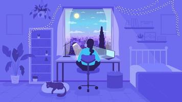 Animated studying lo fi background. Late night homework. 2D cartoon character animation with nighttime cozy bedroom interior on background. 4K video footage with alpha channel for lofi music aesthetic