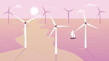 Animated windmills lo fi background. Sustainable wind turbines. 2D cartoon seascape animation with sun and pastel pink sky on background. 4K video footage with alpha channel for lofi music aesthetic