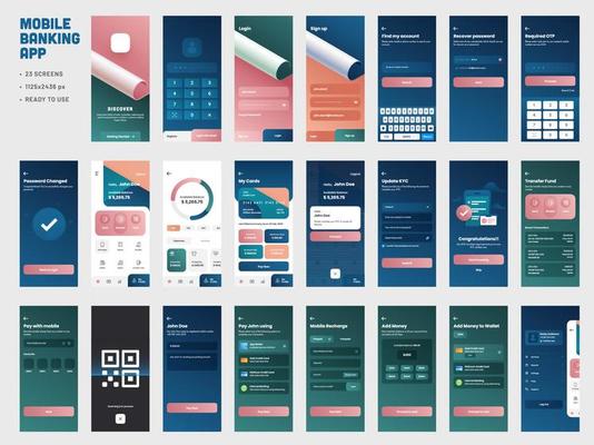 Mobile Banking App UI Kit with Different GUI Layout Including Log in, Create Account, Pay or Transaction and Notification Screens.