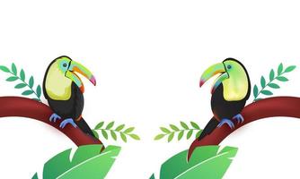 Two Cartoon Toucan Bird Sitting On Tree Branch Illustration. vector