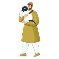 Illustration of Muslim Man Holding a Sheep in Standing Pose. vector