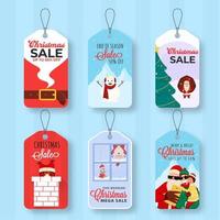 Various Types Of Merry Christmas Sale Tag On Blue Strip Background. vector