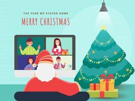 Santa Claus Interacting On Video Call With People, Gift Boxes And Decorative Xmas Tree For Merry Christmas, This Year We Stayed At Home. vector