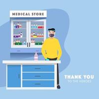 Pharmacist Man wear a Protective Mask with Face Shield and Sanitizer Bottle at Counter in Medical Store. vector