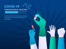 científico o médico equipo investigando vacuna juntos con Progreso bar en azul rayos antecedentes para lucha en contra corona. vector