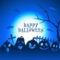 Full Moon Blue Background with Jack-O-Lanterns, Bare Tree, Gravestone and Flying Bats for Happy Halloween Celebration. vector