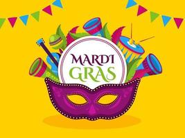 mardi gras texto en circular marco con fiesta mascarilla, pluma y música instrumentos en amarillo antecedentes. vector