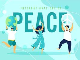 dibujos animados joven niña y Niños baile, tierra globo, paz simbolismo en ligero turquesa antecedentes para internacional paz día. vector
