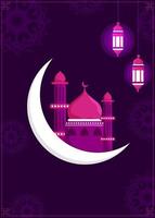 Illustration of Crescent Moon with Mosque and Hanging Illuminated Lanterns Decorated on Purple Mandala Pattern Background. vector