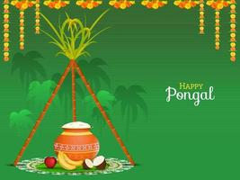 Happy Pongal Celebration Background With Pongali Rice Mud Pot, Fruits And Sugarcane On Rangoli. vector