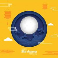 Paper Circle Layer Cut Background with Full Moon, Bunnies and Hanging Chinese Lanterns for Happy Mid-Autumn Festival. vector