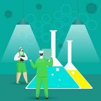 Medical Man And Woman Researching With Chemical Flasks On Turquoise Hexagon Background For Covid-19 Vaccine Development Concept. vector