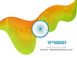 Wish You All A Very Happy Independence Day Card or Poster Design with Ashoka Wheel and Abstract Gradient Wavy on White Famous Monuments Background. vector