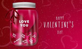 Different Love Message in form of Paper Heart Inside a 3D Jar on Red Background for Happy Valentine's Day Gift. vector