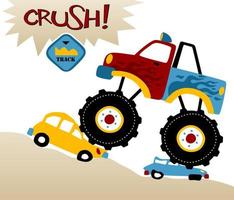 Monster truck crushing little vehicles, vector cartoon illustration