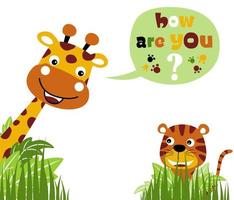Funny giraffe with tiger, vector cartoon illustration