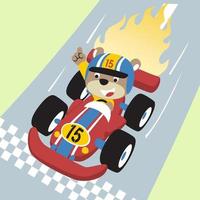 Cute bear winning car racing, vector cartoon illustration