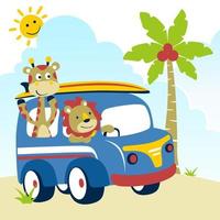 Vector cartoon illustration of cute lion with giraffe on car at summer holiday