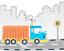 Big truck in the road on buildings background, cartoon vector illustration